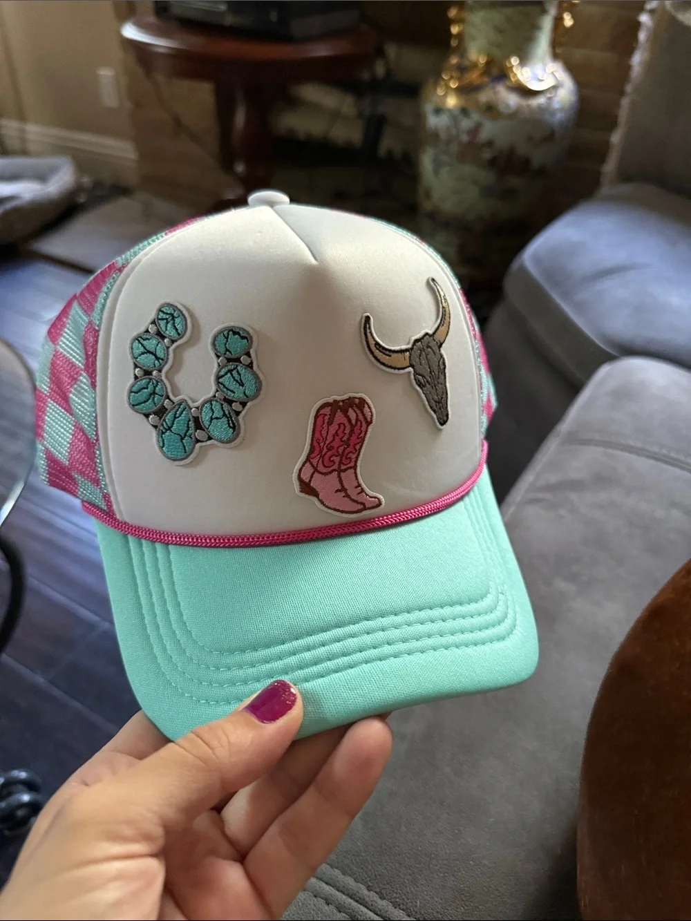 Kids Turquoise & Pink Trucker Hat with Western Patch Accents